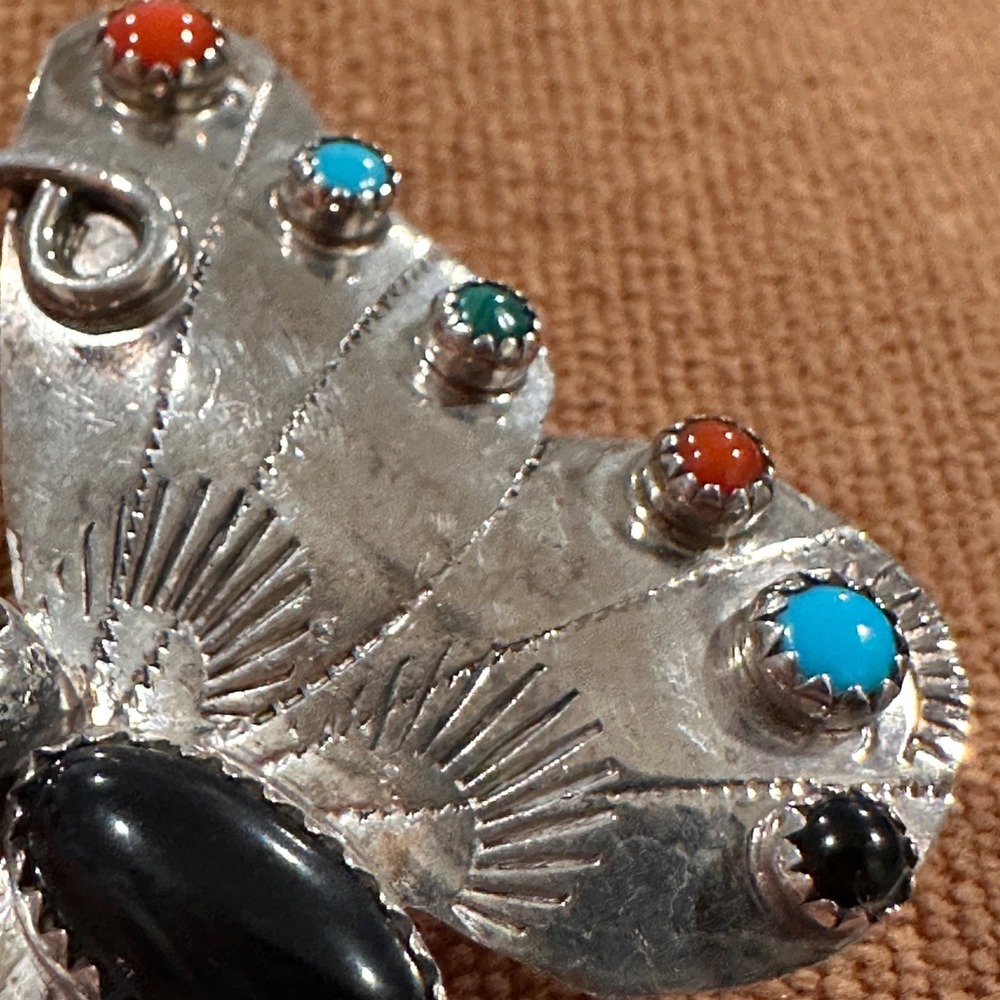 Vintage Sterling Silver Butterfly Pin Signed FY Navajo Turquoise Onyx YAZZIE - Picture 5 of 12